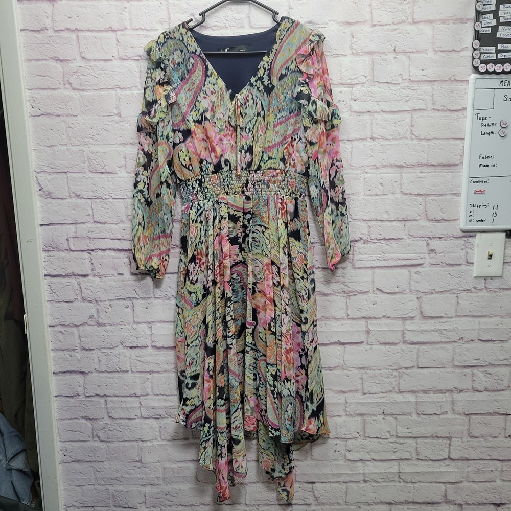 VTG Leslie Fay Ruffle Long Sleeve Dress Sz 10 Paisley Chiffon Smocked Lined Boho